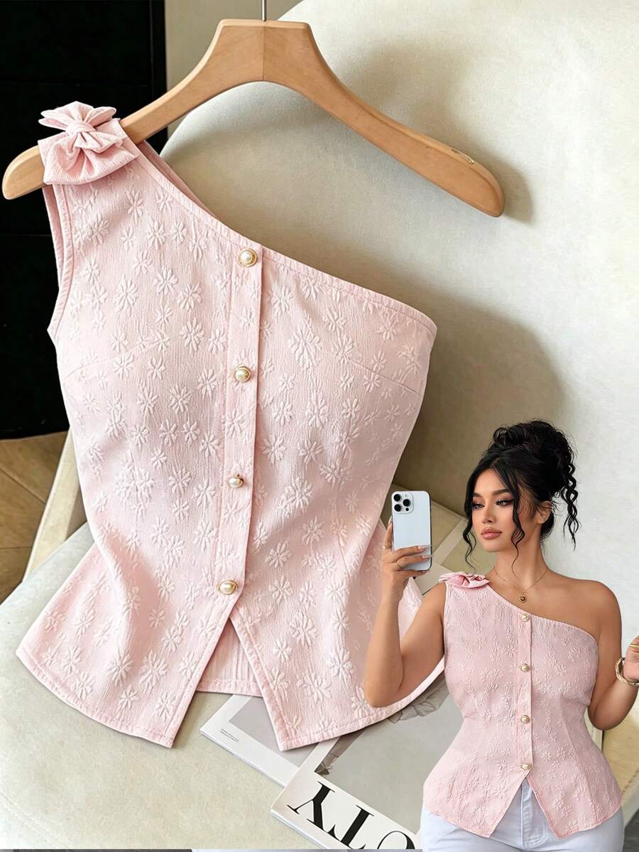 Elenzga Áo không tay cỡ lớn dành cho nữ, Áo vest jacquard thắt nơ hồng, Áo tank top ôm dáng cài khuy ngọc trai, Áo kiểu trễ vai hở vai, Áo sơ mi mùa hè jacquard cài khuy ngọc trai ở eo, Phong cách Pháp dịu dàng, Áo tank top mùa hè ôm dáng Pure Desire, Áo mùa hè dành cho nữ, Kỳ nghỉ, Du lịch, Áo nữ thanh lịch - Hồng - Xem 1