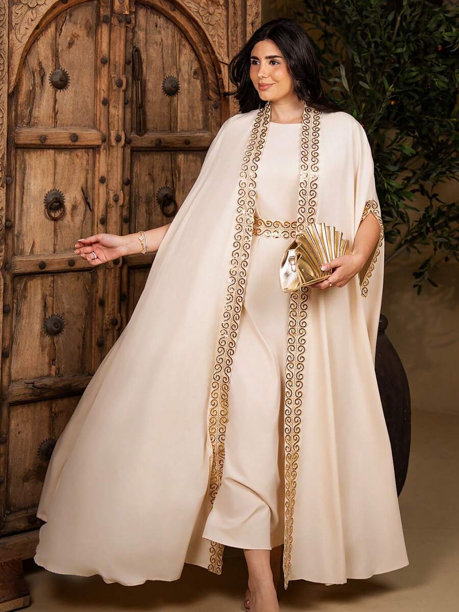 The Leen Edit Women's Splice Ribbon Batwing Sleeve Jacket & Dress Elegant 2 Pieces Set Summer - Apricot - View 1