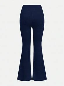 Girlism 青少年女孩 2件組 春夏新款 黑色海軍藍 針織素色 百搭底層 分割開衩喇叭褲 交叉腰設計 緊身休閒喇叭長褲 適合休閒穿著與居家 - 藏蓝色 - 查看 6