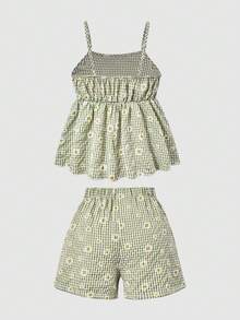 SHEIN 2件/套 青少年女孩時尚新款春夏休閒編織泡泡雪紡櫻桃數位印花收腰吊帶上衣與編織數位印花鬆緊腰短褲，日常休閒度假套裝 - 綠色 - 查看 2