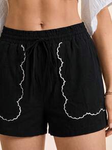 Coeurva Casual Vacation Solid Color Woven Loose Fit Women's Shorts - Black - View 3