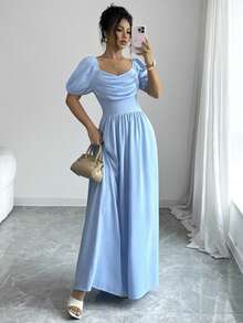 Selianne Women's Textured Pleated Elegant Waist-Cinched Dress Vacation Blue Summer - Blue - View 6