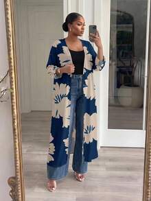 SHEIN Lady CURVE 大码女式印花卷袖开襟外套 - 藍色 - 查看 6