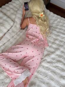 CottageSlumber Women's Romantic Sweet Pink Plaid Cherry Print Camisole Pajama Set, Embroidered Lace Trim, 2 Pieces Loungewear - Pink - View 2