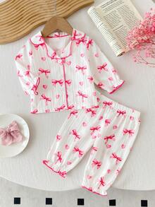 2er-Pack Neugeborenes Baby Mädchen süßer rosa Schleifen-Muster roter Kontrast-Besatz Kragen Strickjacke Langarm Hose 2-teiliges Loungewear Set - Pink - Übersicht 4