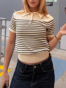 BiaLiraa Women Contrast Striped Casual Short Sleeve Knit Sweater Fall Summer - Apricot - View 5