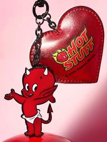 SHEIN HOT STUFF 時尚黑色鋅合金紅色卡通鑰匙圈 PU皮革愛心吊飾 包包掛飾 紀念收藏禮物 - 紅色 - 查看 3
