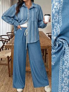 Vionelle Damen Große Größen Französischer Lässiger Eleganter Herbst/Winter Langarm Oberteil Und Lange Hose 2 Teile Set - Blau - Übersicht 1
