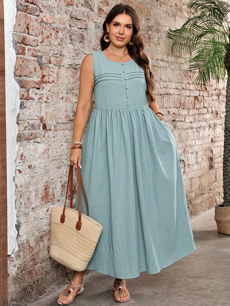 Plus Size Women's Summer Casual Vacation Round Neck Sleeveless Green Dress With Pockets