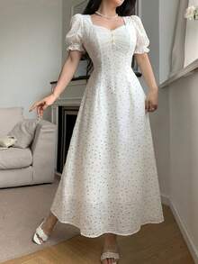 Feyla Women's Polka Dot Print Short Petal Sleeve Elegant Midi Dress - Pearl White - View 6