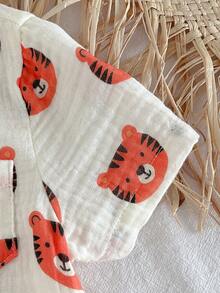 Loomiva Baby Boy Contrast Color Little Tiger Cartoon Pattern Round Neck Short Sleeve Button-Up Top And Elastic Waist Shorts 2-Piece Set - Apricot - View 5