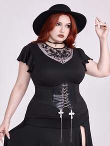 ROMWE Plus Size Women Gothic Botanical Moth Moon Sun Mushroom Print Mesh Patchwork Embroidered Deep V-Neck Ruffle Sleeve T-Shirt - Black - View 5