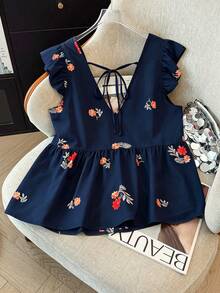 SHEIN LUNE CURVE Women's Plus Size Hooded Print Chiffon Shirt, Casual Open Front Vacation Style, Versatile Choice For Spring, Autumn And Summer - Navy Blue - View 2