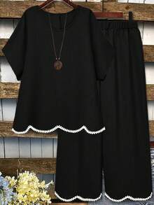 EMERY ROSE Conjunto de mujer talla grande de verano con top de cuello redondo, dobladillo con ribete de encaje, mangas murciélago cortas y pantalones largos holgados casuales, conjunto casual de verano, conjunto de vacaciones, ropa de playa, conjunto negro - Negro - Ver 1