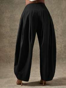 Vixey High Waist Pleated Detail Barrel Leg Office Pants - Black - View 4