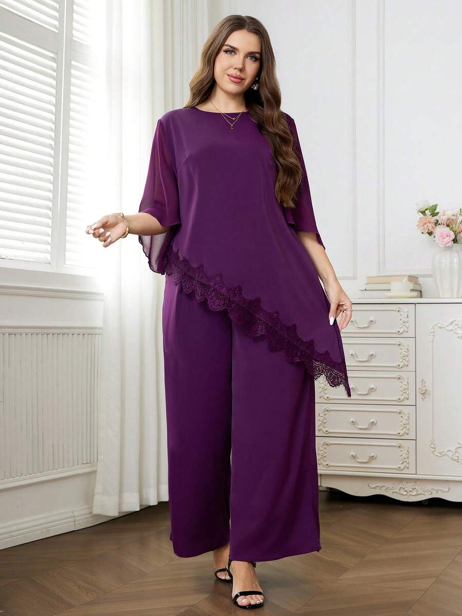 Reflora Plus Size Elegant Purple Summer 2 Pieces Set,Lace Patchwork Asymmetric Hem Top And Pants,Wedding Guest Dress For Women,Formal Evening Party Outfits - Purple - View 1