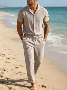 VENTUSAIL Men's Solid Color Textured Cuban Collar Casual Vacation Short Sleeve Shirt And Elastic Waist Pants Set - Apricot - View 4