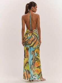 SHEIN BAE Women's Backless Yellow Floral Butterfly Print Mesh Maxi Dress,Draped Neck Beaded Decor Elegant Casual Summer Holiday Vacation Holiday Dress - Yellow - View 4