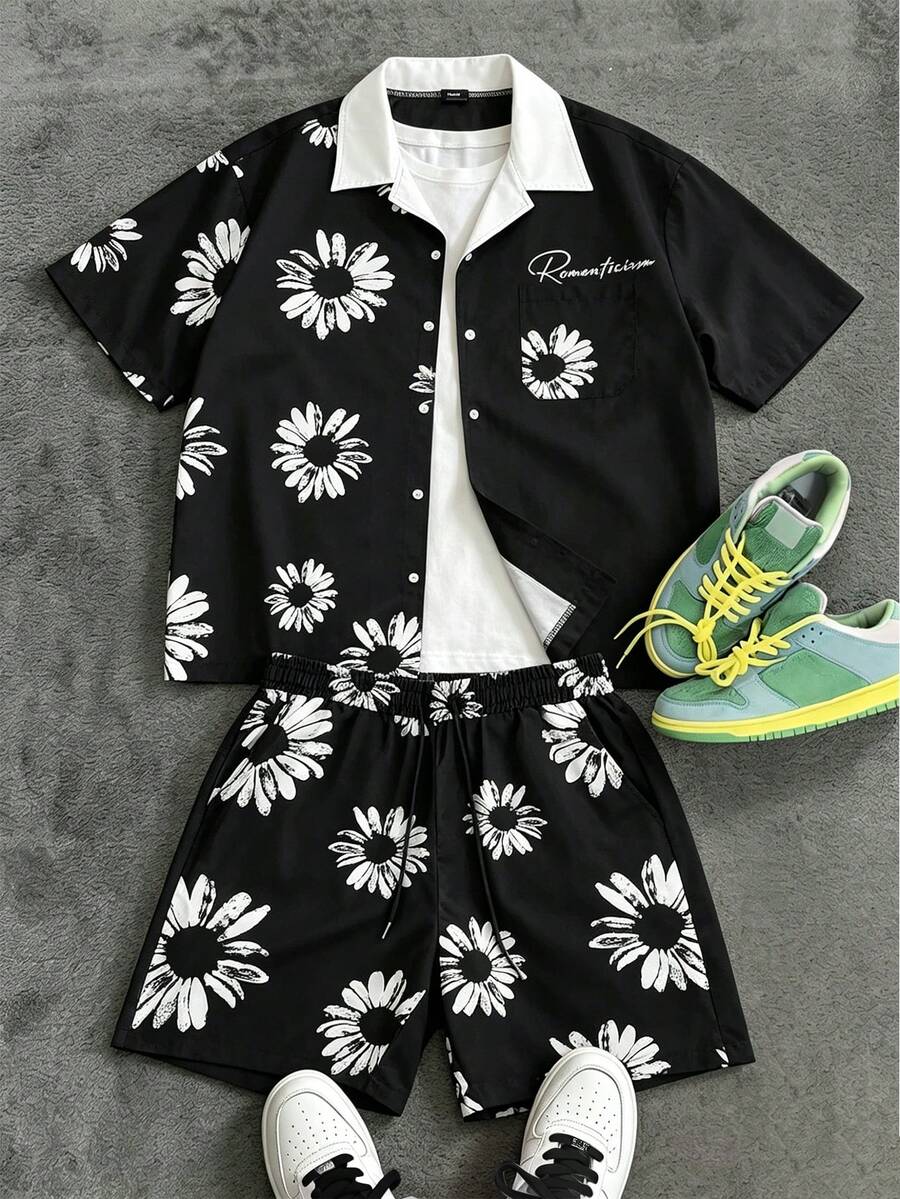 PAVTROS Men's Casual Printed Short Sleeve Shirt & Shorts Set - Multicolor - View 1
