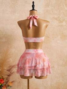 Bellisia 2026 Women's Spring/Summer Vacation Romantic Yellow Orange Floral Halter Tankini Set With Cake Cover-Up Skirt - Pink - View 2