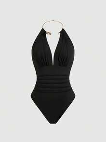 Sweetra Bodysuit nữ size lớn phong cách Âu Mỹ, cổ yếm hở lưng, đính dây xích kim loại trang trí kèm vòng cổ choker kim loại - màu đen - Xem 1