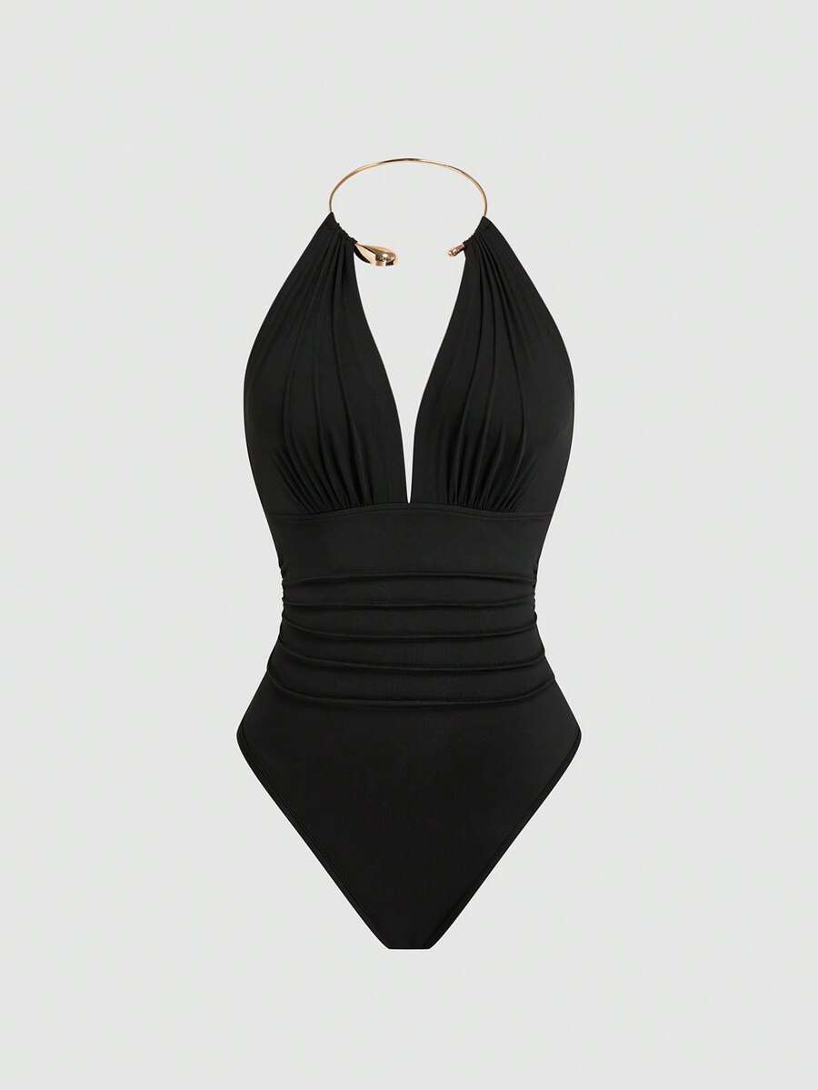 Sweetra Bodysuit nữ size lớn phong cách Âu Mỹ, cổ yếm hở lưng, đính dây xích kim loại trang trí kèm vòng cổ choker kim loại - màu đen - Xem 1