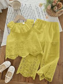 LMoss Kids 2件組少女編織素色刺繡荷葉領吊帶上衣與長褲套裝 - 黃色 - 查看 7