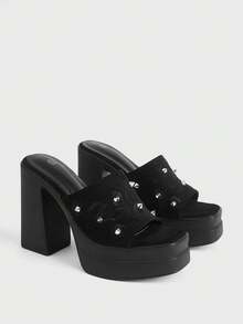 Sugerpunk Women's Fashion Sexy High-Heeled Sandals, Punk Style Gothic Fashion Square Toe High-Heeled Rivets Embroidered Thread Slip-On, Spring And Summer - Black - View 2