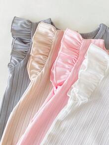 SHEIN Playful Pals 8件組/女嬰0-3歲春夏季新品休閒日常外出可愛素色針織不對稱羅紋短袖背心T恤上衣與短褲8件套裝 - 彩色 - 查看 5