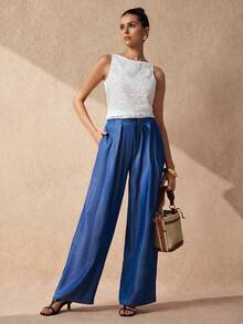 SHEIN Uhlyne Women's Solid Color Fashion Versatile Pocket Button Casual Elegant Long Pants Office Blue Autumn - Blue - View 4