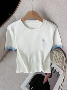 GlowEve 對比條紋修身馬術刺繡Logo短袖高腰百褶迷你裙女款毛衣兩件套 - 彩色 - 查看 4