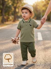 Cozy Pixies 2pcs Baby Boy Soft Knit Crew Neck Short Sleeve Top And Elastic Waist Pants Set - Green - View 1