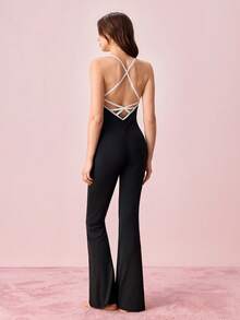 Bonmuse 1pc Women's Solid Color Comfortable Backless Jumpsuit Loungewear - Black - View 2