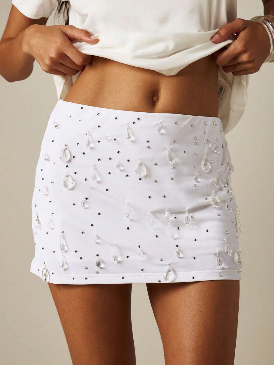MISSGUIDED Crystal Embellished Mini Skirt With Rhinestone And Teardrop Gem Details Party Night Evening Bodycon Style White Summer Sexy - White - View 1