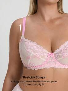 LUVLETTE Plus Full Coverage Breathable Unlined Lace Elegance & Mesh Keyhole Detail Lingerie Curve Pink Sheer Minimizer Bridal Intimates Bra - Pink - View 8