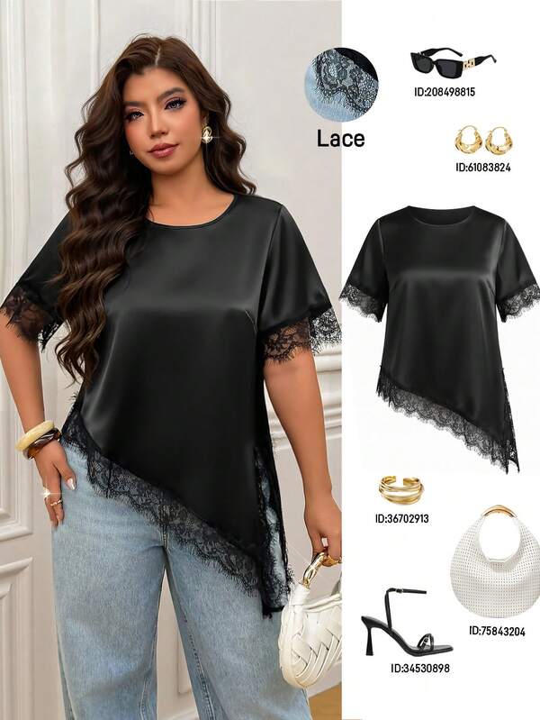 Femmeverse Camiseta casual de mujer de unicolor brillante con dobladillo asimétrico dividido, patchwork de encaje, diseño de cuello redondo, top de satén tejido versátil para vacaciones de verano