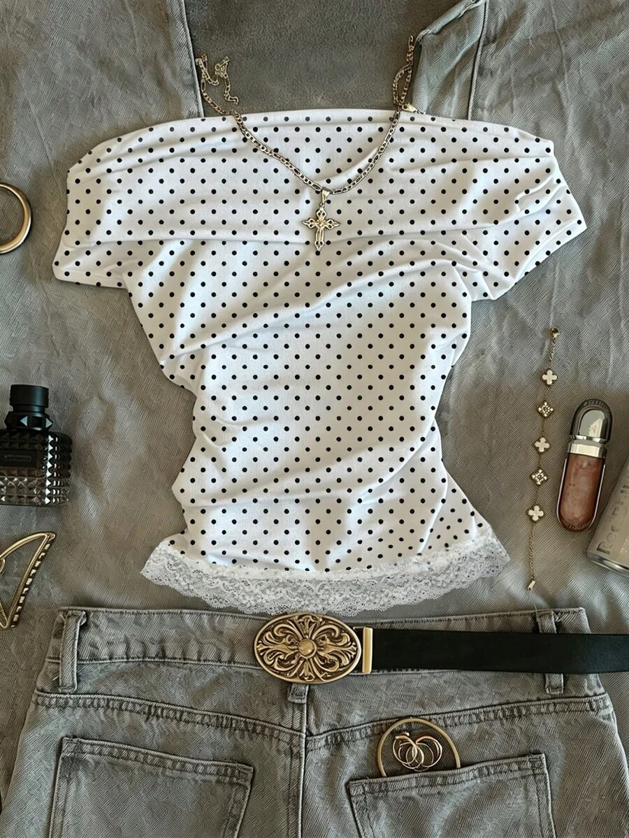 IslaSuriya Camiseta con hombros descubiertos, estampado de lunares y patchwork de encaje - Blanco - Ver 1