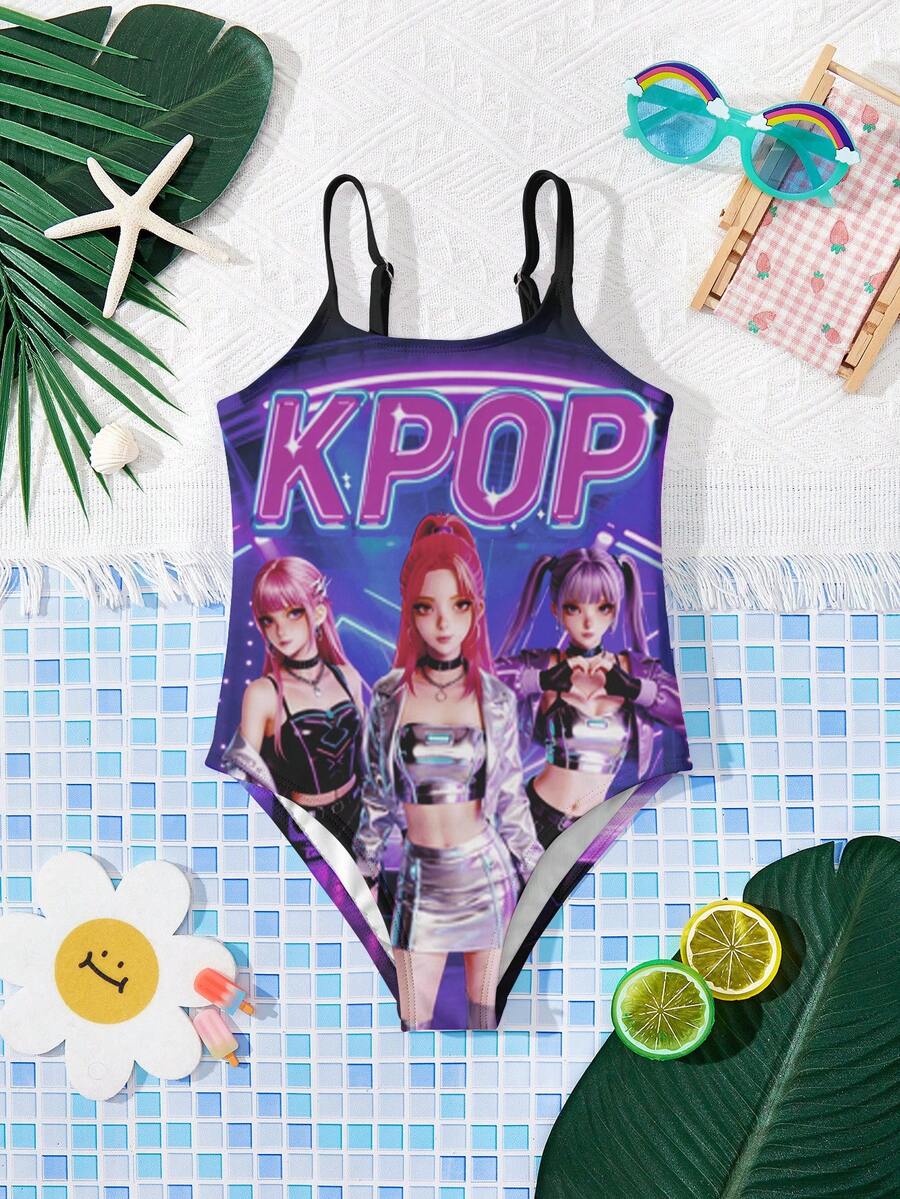 少女卡通风格,紫色韩流明星,卡通少女组合泳装,适合夏季的少女休闲简约吊带连体泳衣 - 彩色 - 查看 1