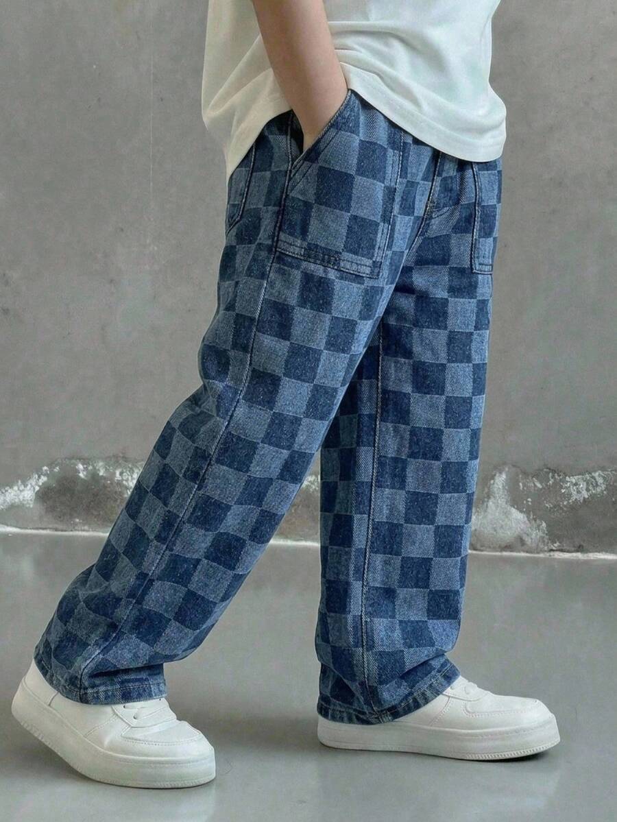 SHEIN 小男孩藍色休閒柔軟格紋牛仔寬腿鬆垮牛仔褲,附口袋,夏季,返校季 - 深色水洗藍 - 查看 1