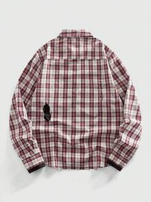 ROMWE MEN Street Life Camisa casual versátil de uso diario para hombre, a cuadros, con efecto desgastado y de un solo pecho - Burdeos - Ver 2