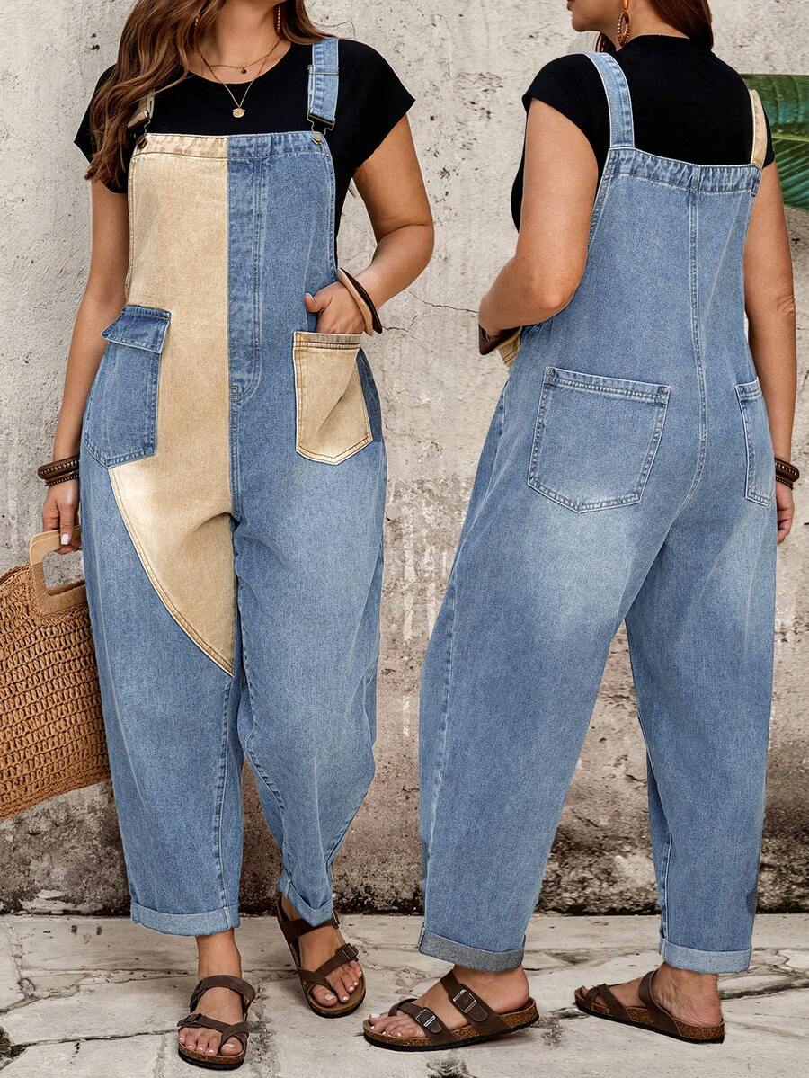 EMERY ROSE EMERY ROSE Plus Size Women's Colorblock Pocket Design Casual Denim Overalls - Light Wash - View 1