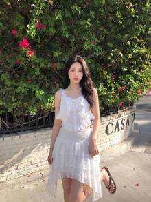 SHEIN MOD White Lace Decorated Asymmetric Ruffle Hem Skirt,Concert Outfits,Summer,White Skirt - White - View 7