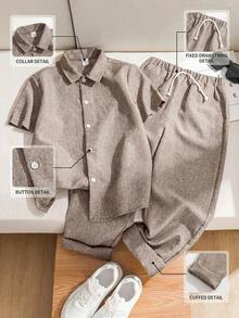 SHEIN LMoss Kids 2 件套青少年男孩休闲宽松纯色 Polo 领短袖衬衫和裤子套装 - 杏色 - 查看 3