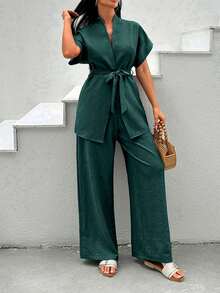 EURMUSE Women Summer Solid Color Batwing Sleeve Tie Front Shirt And Pants Casual 2-Piece Set - Dark Green - View 5