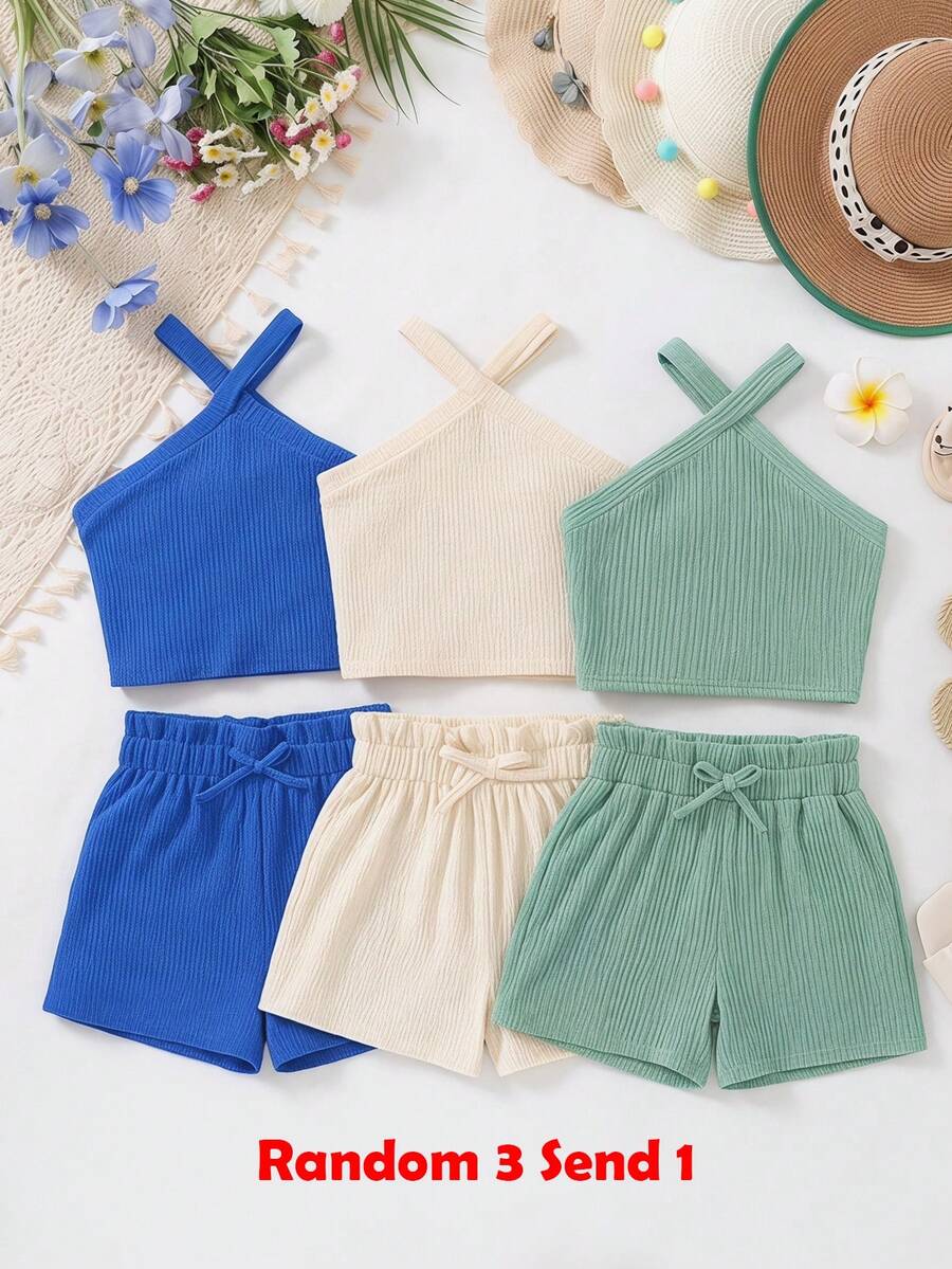 SHEIN 少女纯色露背上衣和短裤休闲日常穿搭 - 綠色 - 查看 1