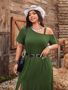 Ceyna 大尺碼休閒長版T恤流蘇洋裝 - 軍綠色 - 查看 4