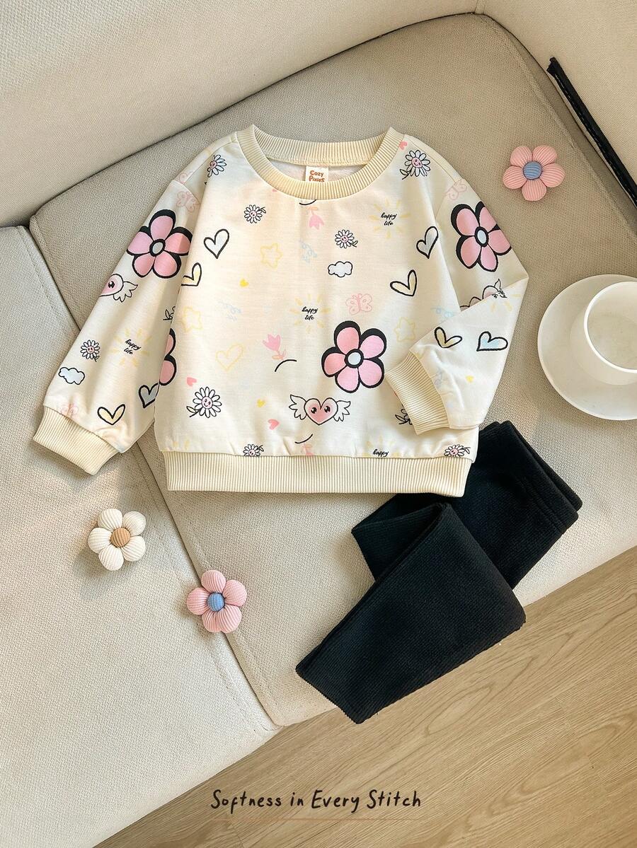 Cozy Pixies 女嬰可愛花卉印花運動衫 + 黑色針織內搭褲 2件套，休閒日常時尚百搭，適合街頭、居家、外出、聚會、派對