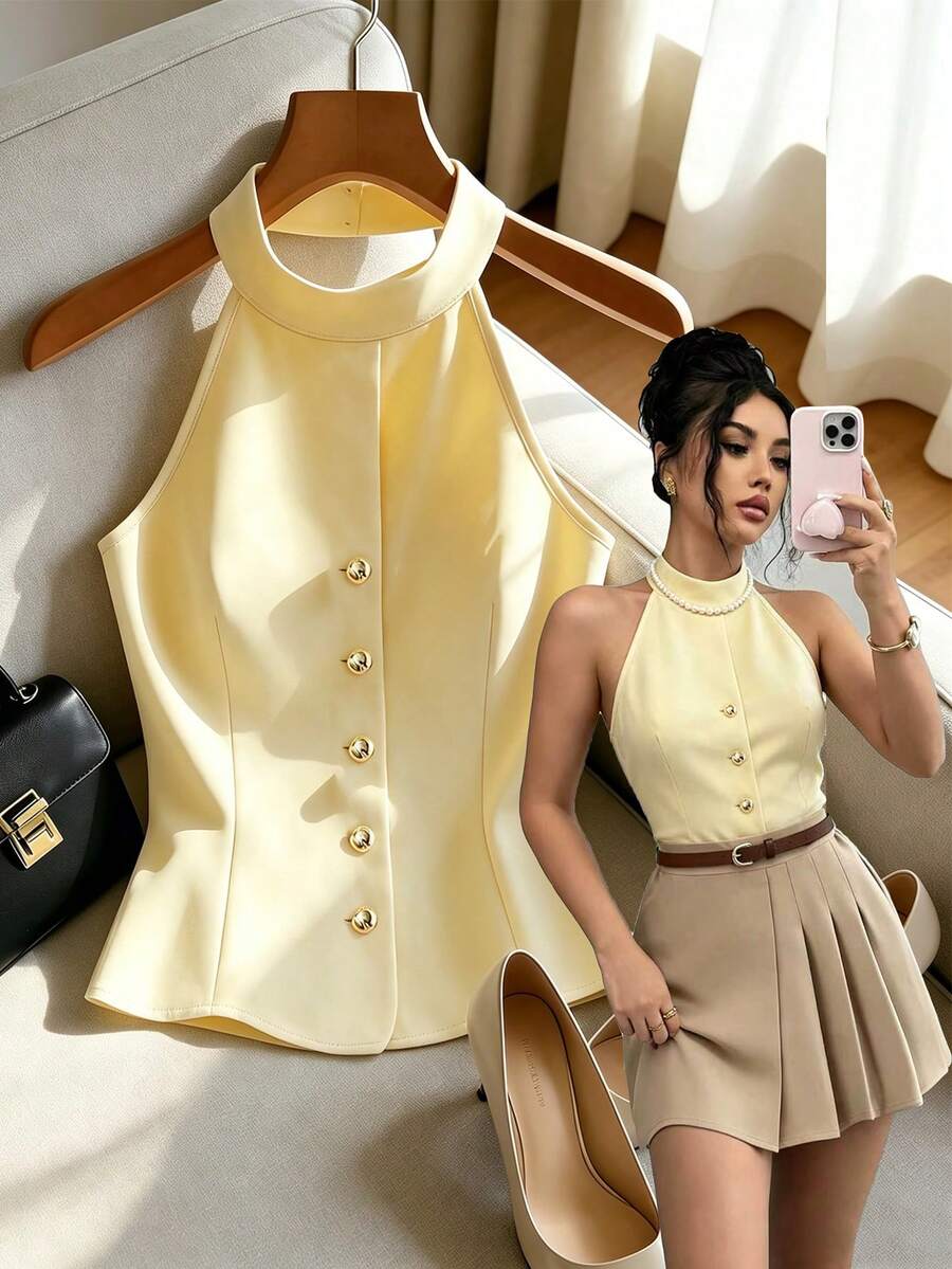 SHEIN Raffinéa 時尚高端修身無袖掛脖收腰顯瘦裝飾鈕扣性感純色女式襯衫,女式春夏襯衫,度假、外出、Y2K、春季、夏季、返校、休閒、海灘、商務、百搭,女式黃色上衣,純色襯衫 - 黃色 - 查看 1