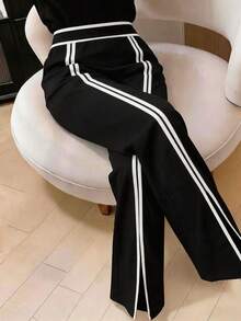 SHEIN Tall CURVE Plus Size Women's Tall Commuter Style Colorblock Design Black And White Split Straight Leg Pants - Black and White - View 1