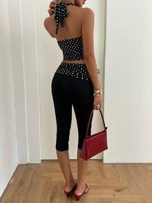 SHEIN EZwear 黑色波點針織女款深V掛脖背心與七分長內搭褲套裝 - 黑色 - 查看 2